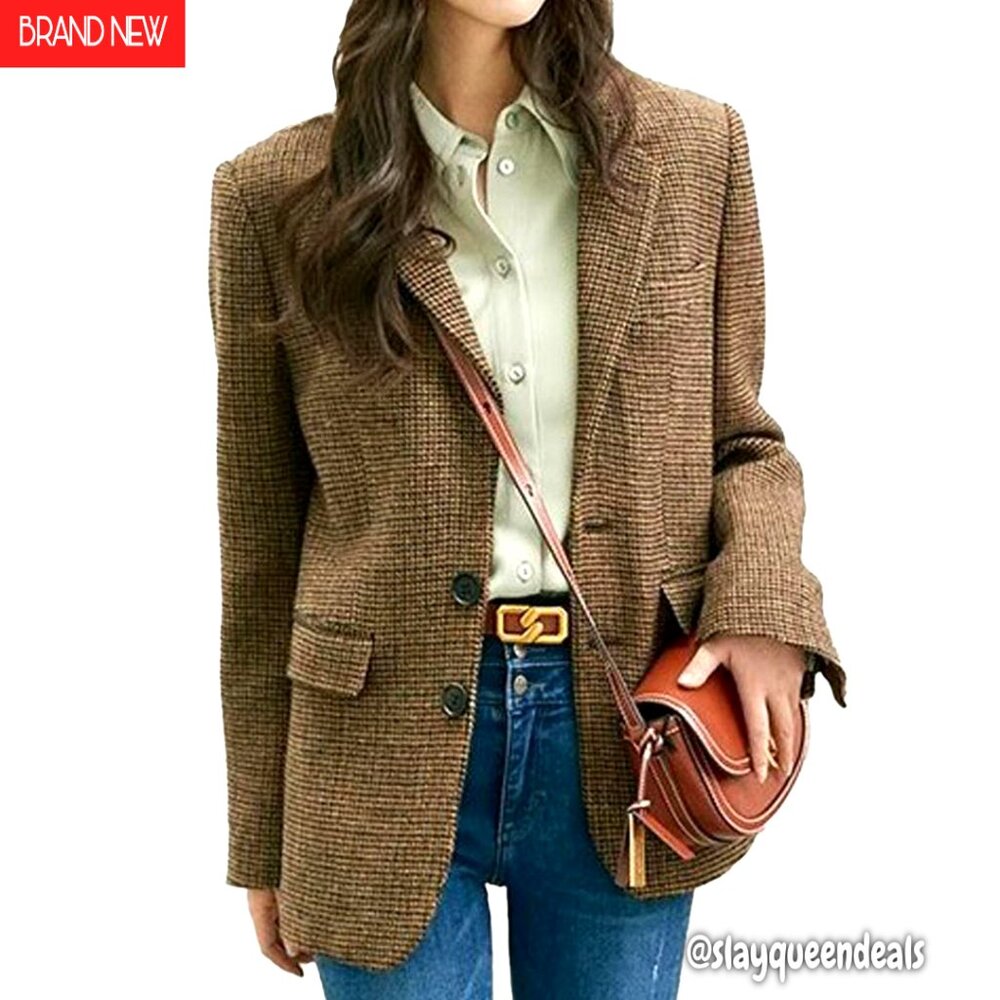 Wool Blend Plaid Blazer, Single Breasted Lapel, Business Work Coat